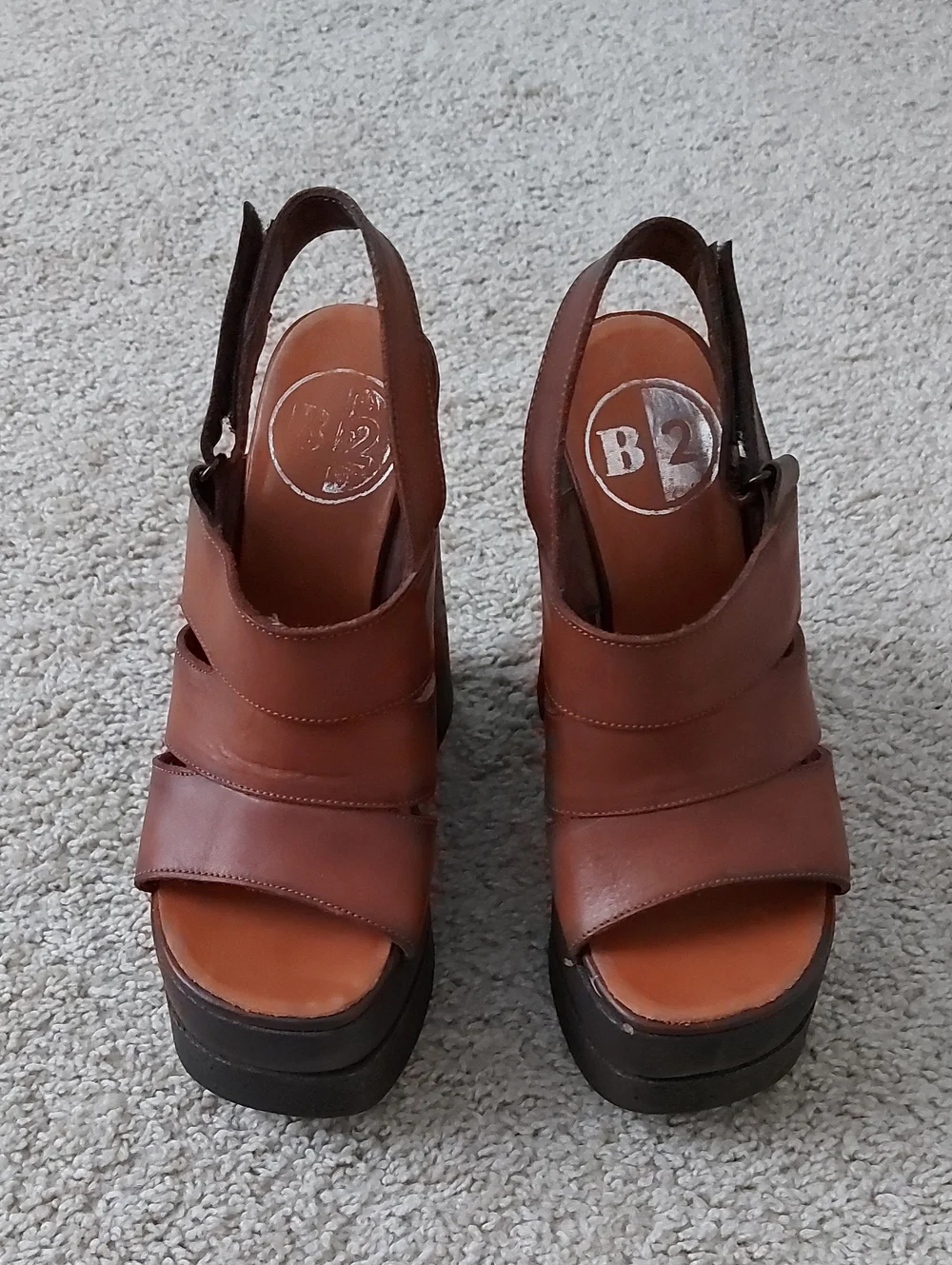 B2 Brown Leather Platform Slingback Sandals